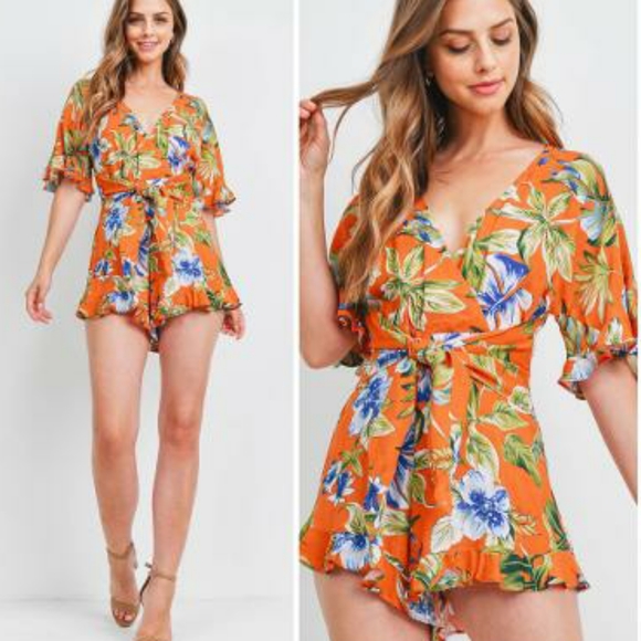 SKYLAR + MADISON Vibrant Rust Tropical Romper - Picture 7 of 7